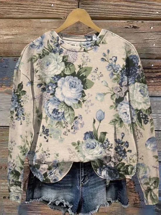 Women Floral Crew Neck Printing Casual Spring/Fall Long Sleeve Sweatshirt
