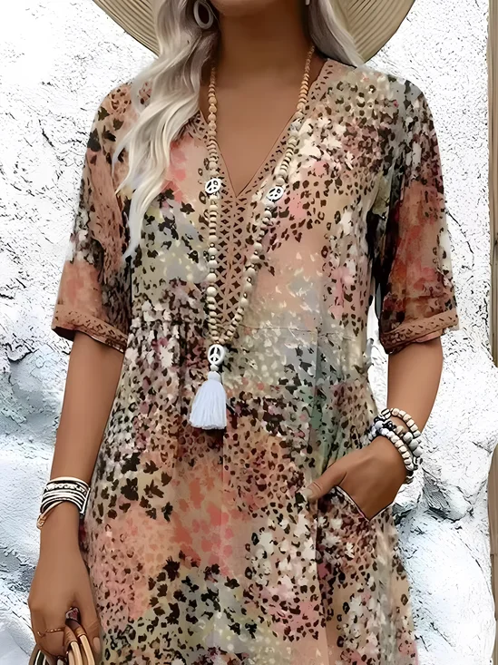 Women Floral Short Sleeve Summer Printing Dress V Neck Daily Vintage Maxi T-Shirt Dress A-Line Dress