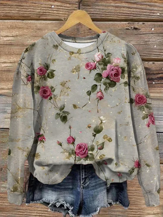 Women Floral Crew Neck Printing Casual Spring/Fall Long Sleeve Sweatshirt