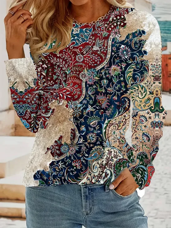 Women Floral Long Sleeve Tee T-shirt Crew Neck Printing Casual Spring/Fall Graphic Tee Top