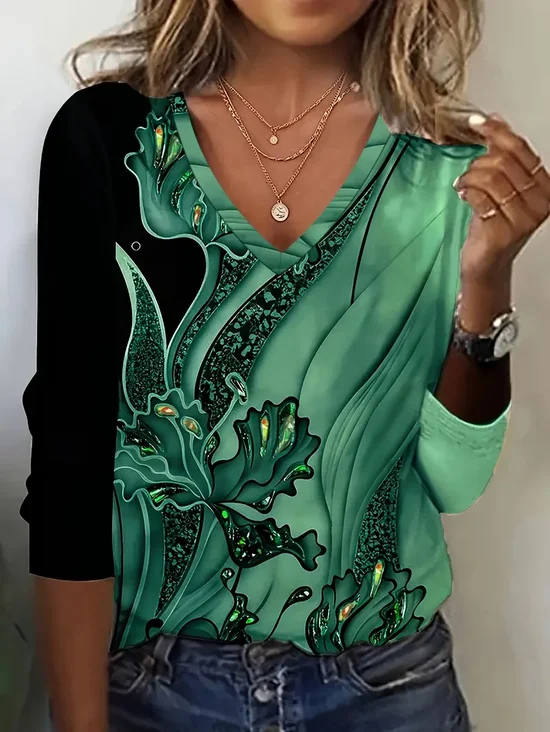 Women Floral Long Sleeve Tee T-shirt V Neck Printing Casual Spring/Fall Graphic Tee Top
