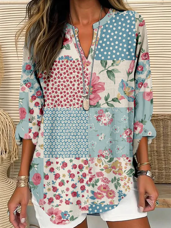 Women Floral Long Sleeve Blouse Spring/Fall Printing V Neck Daily Casual Top