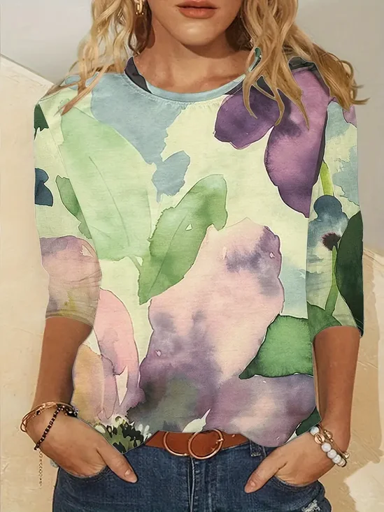 Women Floral Long Sleeve Tee T-shirt Crew Neck Printing Casual Spring/Fall Graphic Tee Top