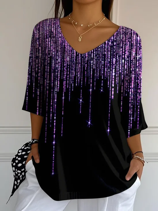 Women Abstract Three Quarter Sleeve Tee T-shirt V Neck Printing Casual Spring/Fall Graphic Tee Top
