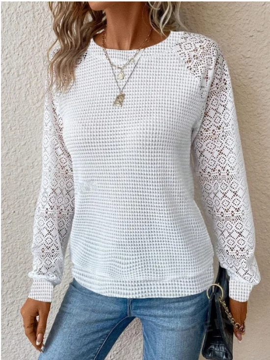 Women Geometric Long Sleeve Tee T-shirt Crew Neck Jacquard Vintage Spring/Fall Top