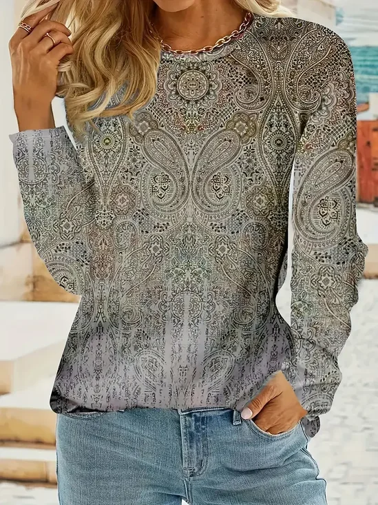 Women Paisley Long Sleeve Tee T-shirt Crew Neck Printing Casual Spring/Fall Graphic Tee Top