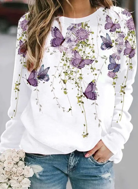 Women Butterfly Crew Neck Printing Casual Spring/Fall Long Sleeve Sweatshirt