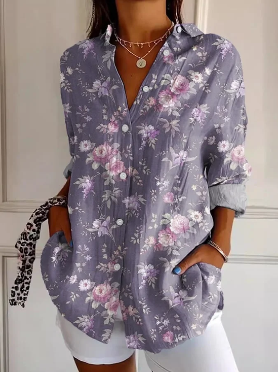 Women Floral Long Sleeve Shirt Spring/Fall Buckle Shirt Collar Regular Sleeve Daily Casual Top