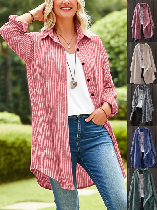 Women Striped Long Sleeve Shirt Spring/Fall Printing Stand Collar Daily Casual Top