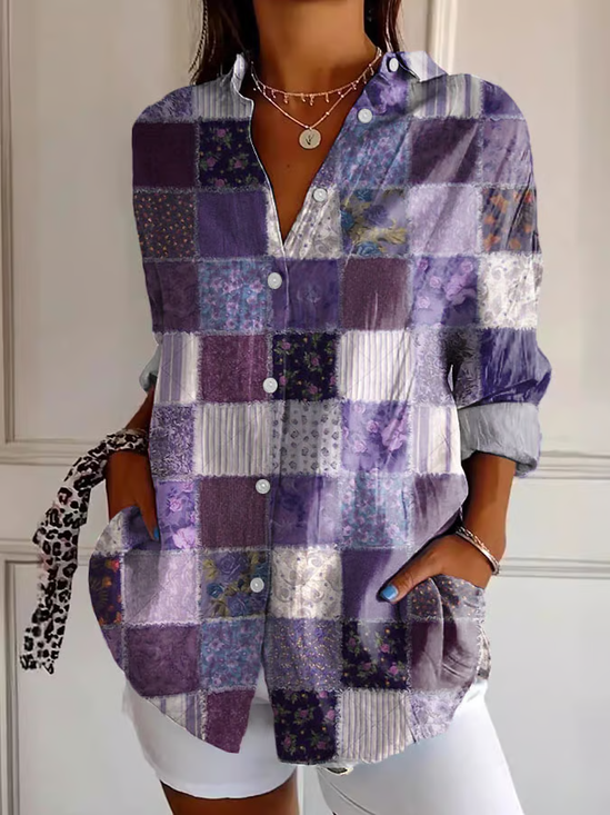 Women Floral Long Sleeve Shirt Spring/Fall Buckle Shirt Collar Regular Sleeve Daily Casual Top