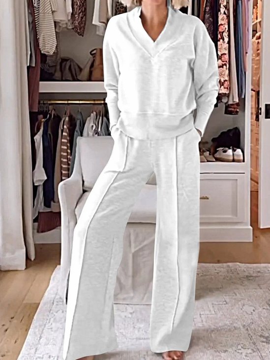 Women Plain Split Joint Two-Piece Set Daily Long Sleeve Casual Spring/Fall Top With Pants Matching Set