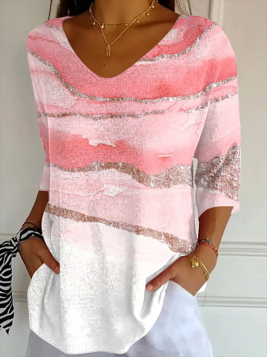 Women Abstract Three Quarter Sleeve Tee T-shirt V Neck Printing Casual Spring/Fall Graphic Tee Top