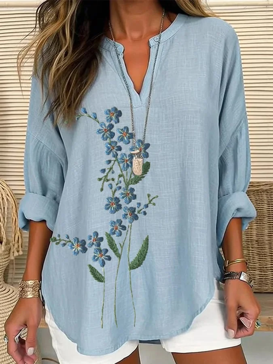 Women Floral Long Sleeve Blouse Spring/Fall Printing V Neck Daily Casual Top