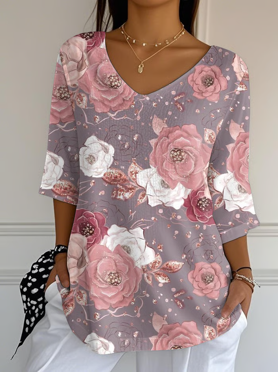 Women Floral Three Quarter Sleeve Tee T-shirt V Neck Printing Casual Spring/Fall Graphic Tee Top