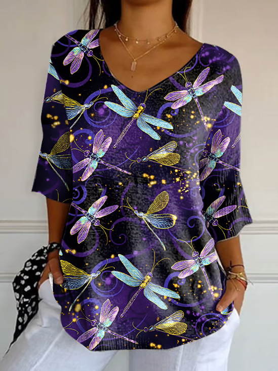 Women Dragonfly Three Quarter Sleeve Tee T-shirt V Neck Printing Casual Spring/Fall Graphic Tee Top