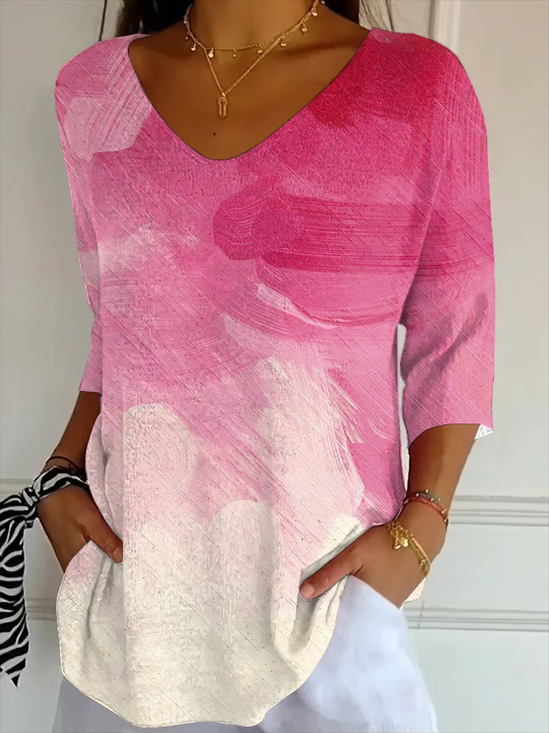 Women Abstract Three Quarter Sleeve Tee T-shirt V Neck Printing Casual Spring/Fall Graphic Tee Top