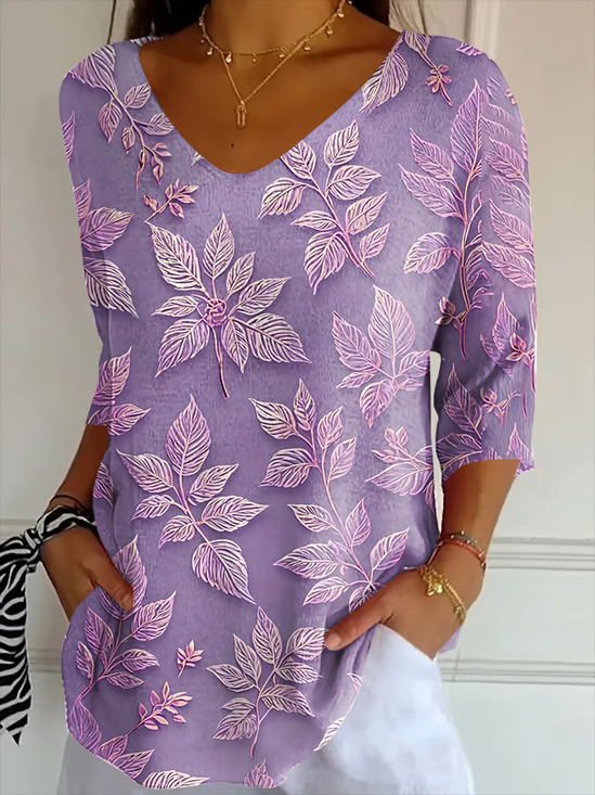 Women Floral Three Quarter Sleeve Tee T-shirt V Neck Printing Casual Spring/Fall Graphic Tee Top