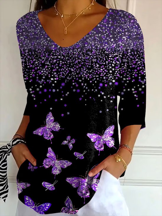 Women Butterfly Three Quarter Sleeve Tee T-shirt V Neck Printing Casual Spring/Fall Graphic Tee Top