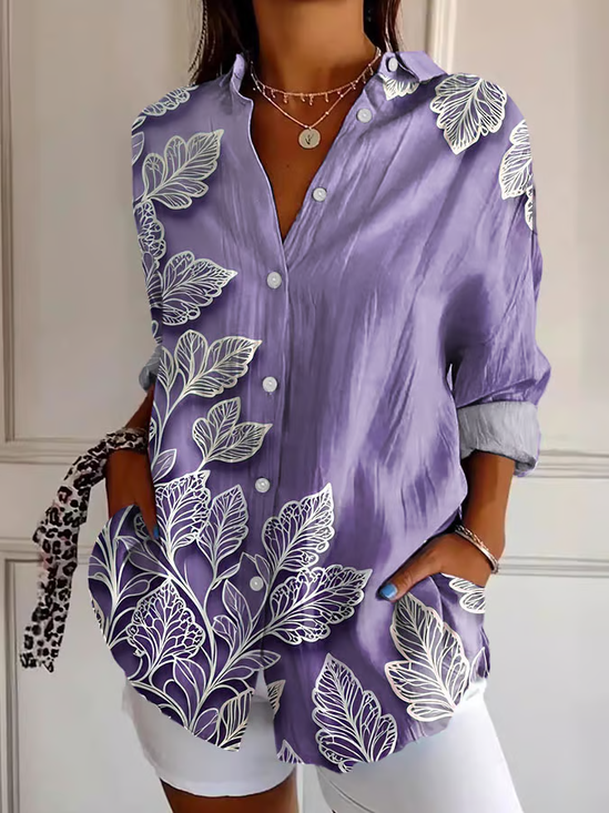 Women Floral Long Sleeve Shirt Spring/Fall Buckle Shirt Collar Regular Sleeve Daily Casual Top