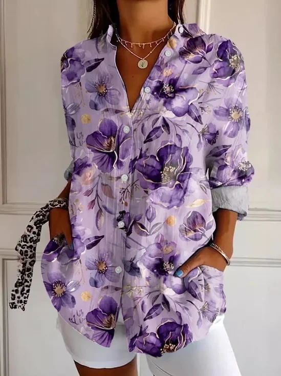 Women Floral Long Sleeve Shirt Spring/Fall Buckle Shirt Collar Regular Sleeve Daily Casual Top
