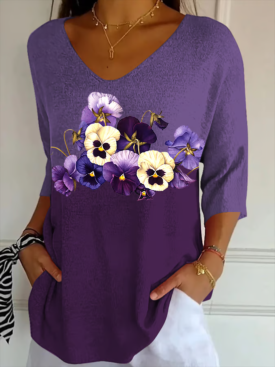 Women Floral Three Quarter Sleeve Tee T-shirt V Neck Printing Casual Spring/Fall Graphic Tee Top