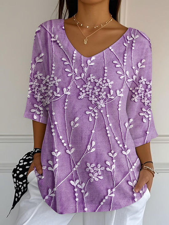 Women Floral Three Quarter Sleeve Tee T-shirt V Neck Printing Casual Spring/Fall Graphic Tee Top