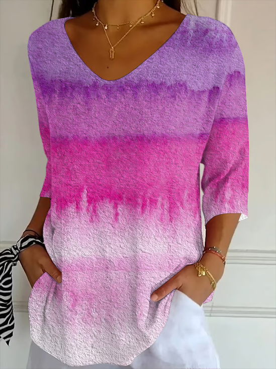 Women Abstract Three Quarter Sleeve Tee T-shirt V Neck Printing Casual Spring/Fall Graphic Tee Top