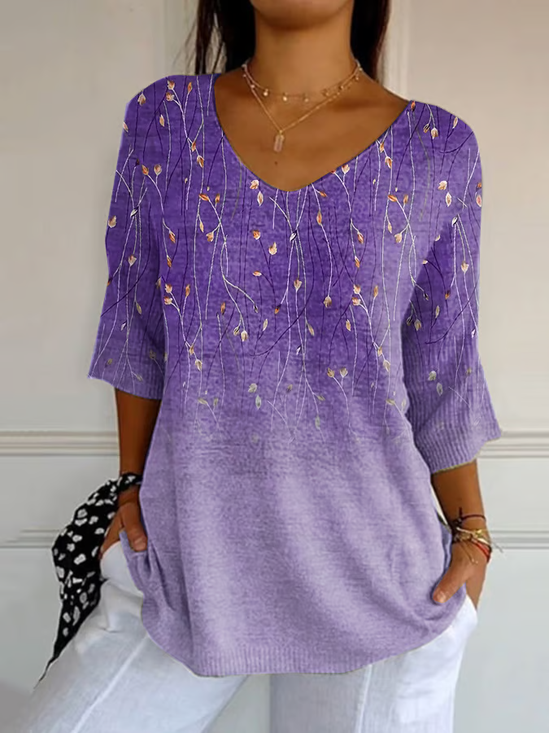 Women Floral Three Quarter Sleeve Tee T-shirt V Neck Printing Casual Spring/Fall Graphic Tee Top
