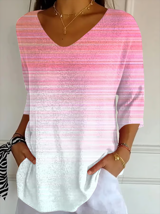 Women Abstract Stripes Three Quarter Sleeve Tee T-shirt V Neck Printing Casual Spring/Fall Graphic Tee Top