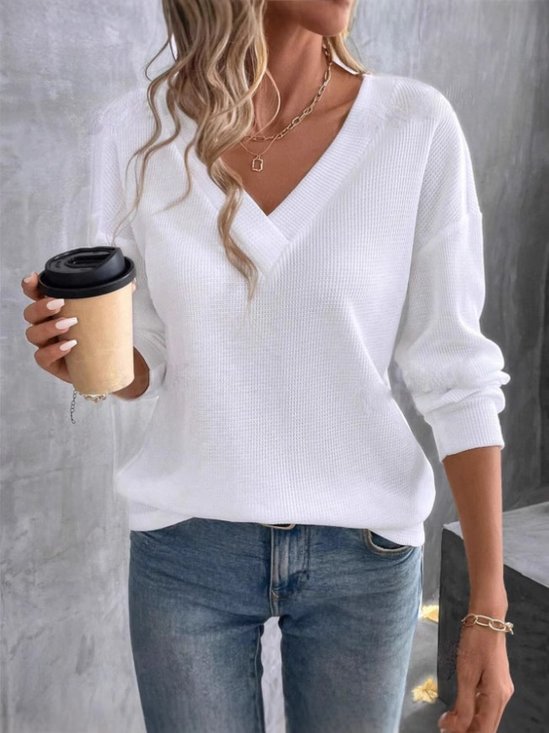 Women Plain Long Sleeve Tee T-shirt V Neck Split Joint Vintage Spring/Fall Top