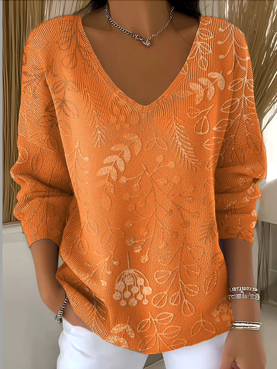 Women Floral Spring/Fall Casual Long Sleeve V Neck Cotton Sweater