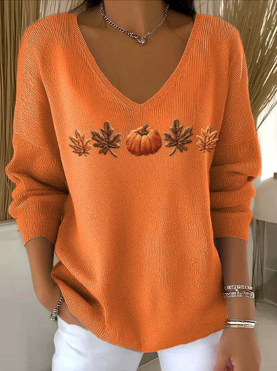 Women Floral Spring/Fall Casual Long Sleeve V Neck Cotton Sweater