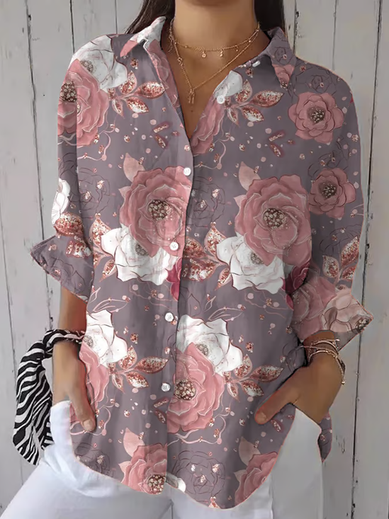 Women Floral Three Quarter Sleeve Shirt Spring/Fall Printing Shirt Collar Daily Casual Top