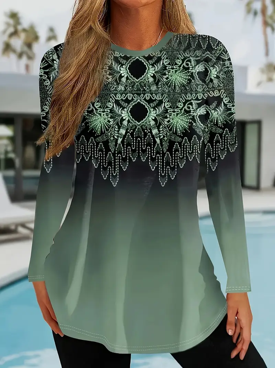 Women Ethnic Long Sleeve Tee T-shirt Crew Neck Printing Casual Spring/Fall Graphic Tee Top