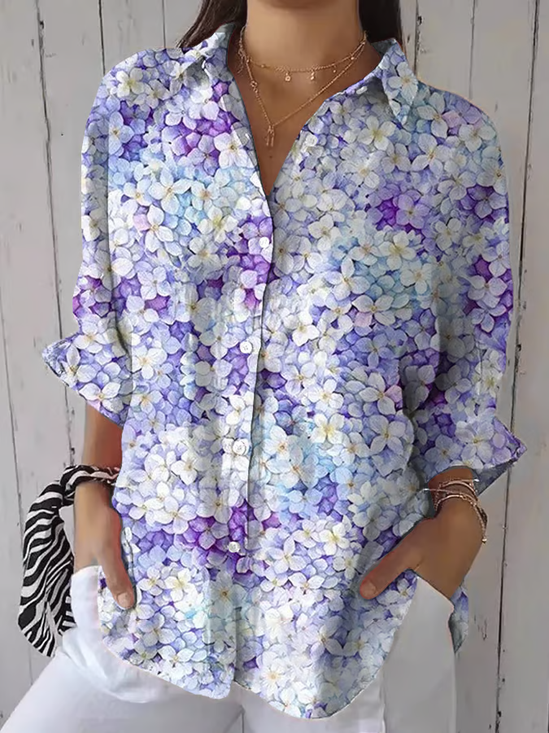 Women Floral Three Quarter Sleeve Shirt Spring/Fall Printing Shirt Collar Daily Casual Top