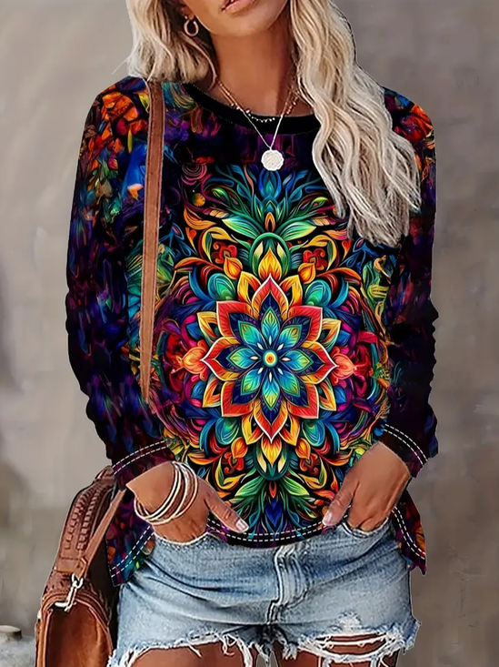 Women Abstract Long Sleeve Tee T-shirt Crew Neck Printing Casual Spring/Fall Graphic Tee Top
