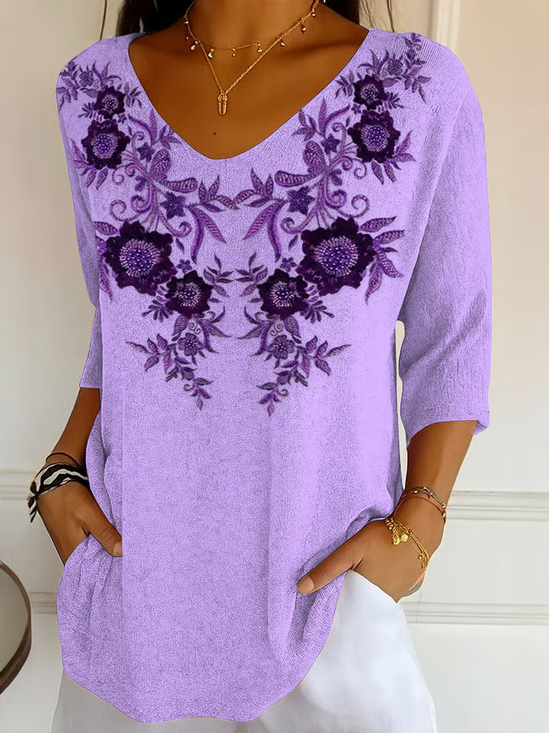 Women Floral Three Quarter Sleeve Tee T-shirt V Neck Printing Casual Spring/Fall Graphic Tee Top