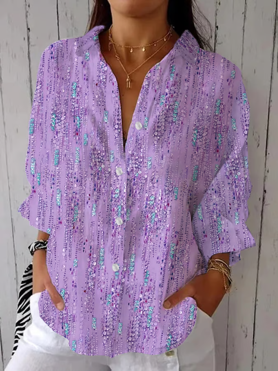 Women Abstract Three Quarter Sleeve Shirt Spring/Fall Printing Shirt Collar Daily Casual Top
