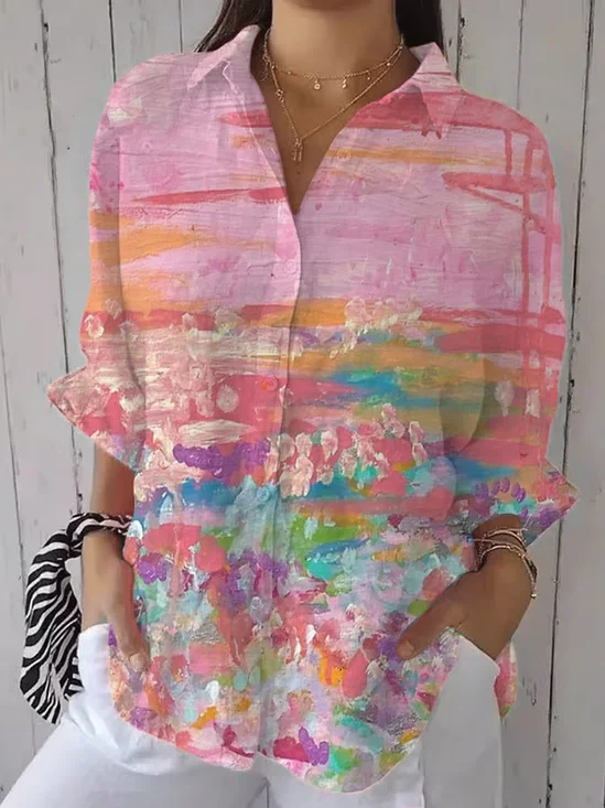 Women Abstract Three Quarter Sleeve Shirt Spring/Fall Printing Shirt Collar Daily Casual Top