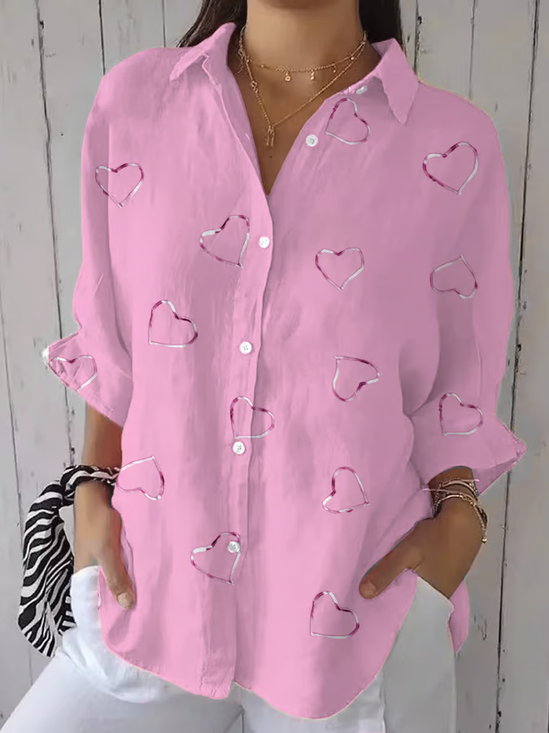 Women Heart/Cordate Three Quarter Sleeve Shirt Spring/Fall Printing Shirt Collar Daily Casual Top