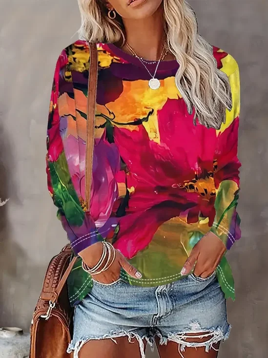 Women Floral Long Sleeve Tee T-shirt Crew Neck Printing Casual Spring/Fall Graphic Tee Top