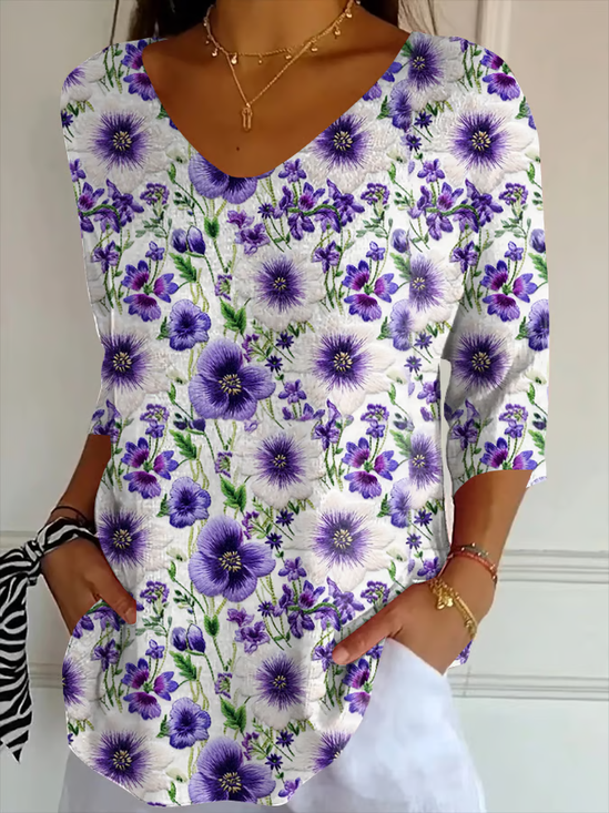 Women Floral Three Quarter Sleeve Tee T-shirt V Neck Printing Casual Spring/Fall Graphic Tee Top