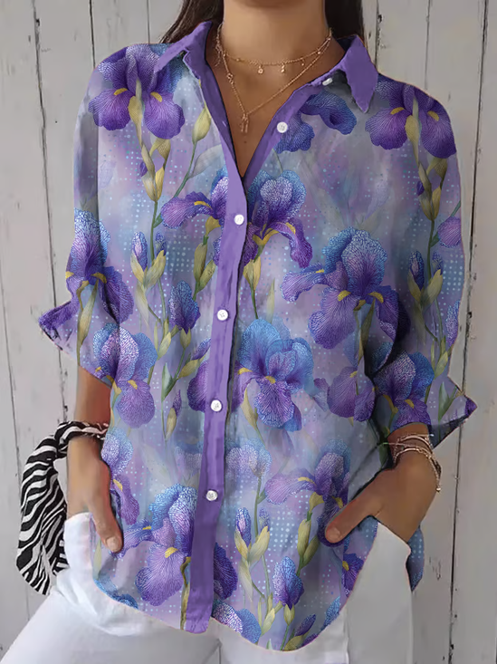Women Floral Three Quarter Sleeve Shirt Spring/Fall Printing Shirt Collar Daily Casual Top