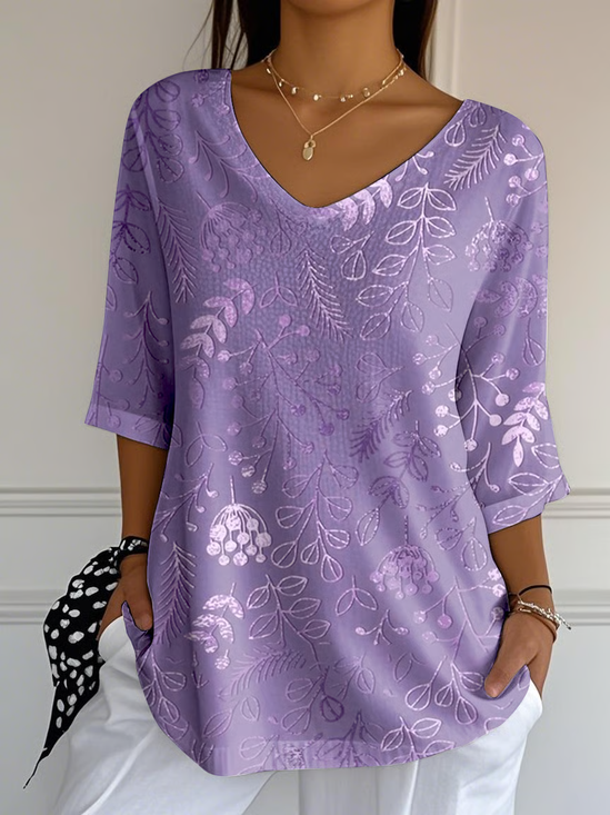 Women Floral Three Quarter Sleeve Tee T-shirt V Neck Printing Casual Spring/Fall Graphic Tee Top