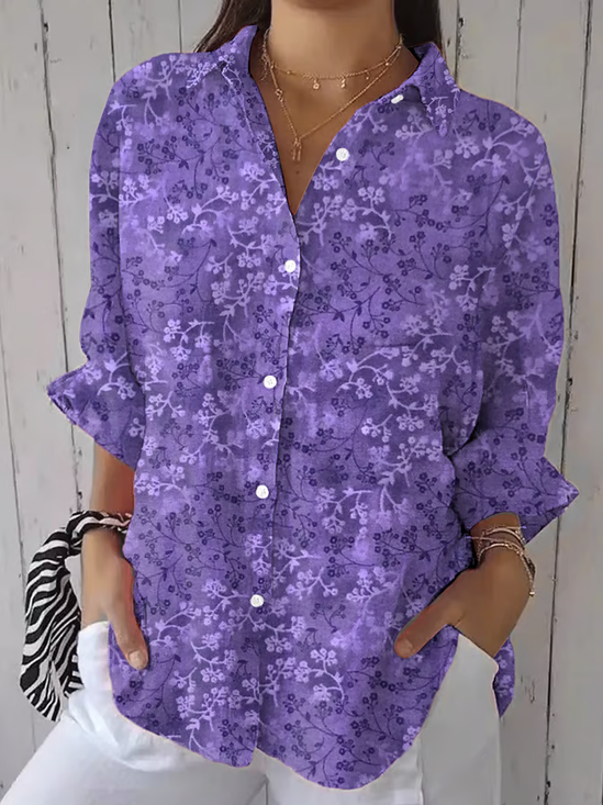 Women Floral Three Quarter Sleeve Shirt Spring/Fall Printing Shirt Collar Daily Casual Top