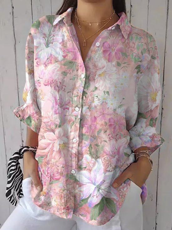 Women Floral Three Quarter Sleeve Shirt Spring/Fall Printing Shirt Collar Daily Casual Top
