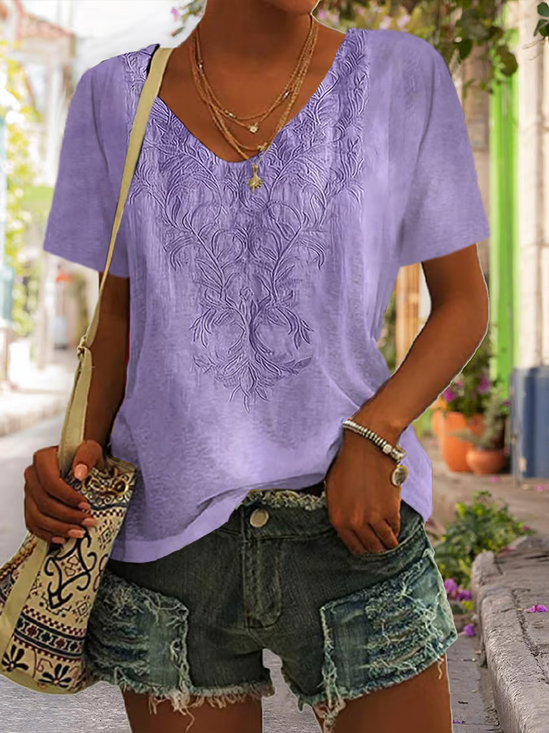 Women Floral Short Sleeve Tee T-shirt V Neck Printing Casual Summer Graphic Tee Top