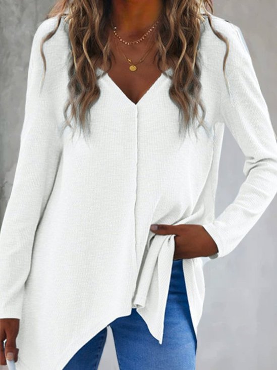 Women Plain Long Sleeve Tee T-shirt V Neck Split Joint Vintage Spring/Fall Top