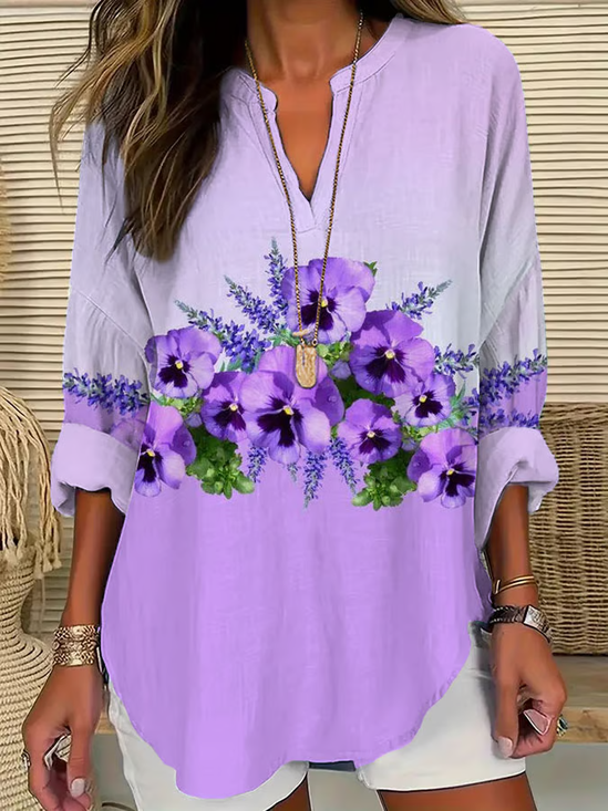 Women Floral Long Sleeve Blouse Spring/Fall Printing V Neck Daily Casual Top