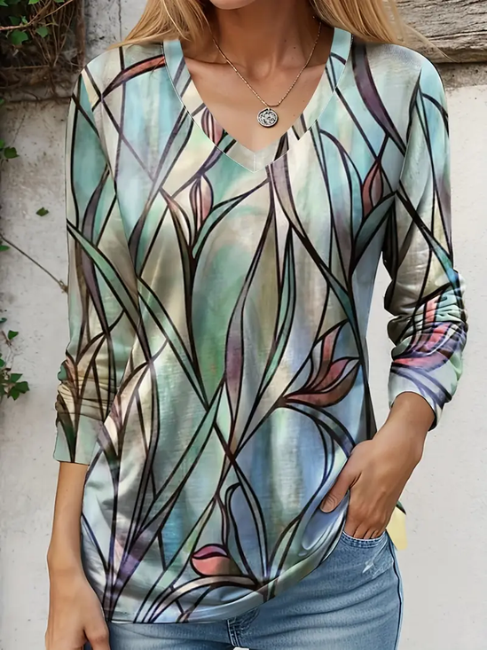 Women Abstract Long Sleeve Tee T-shirt V Neck Printing Casual Spring/Fall Graphic Tee Top